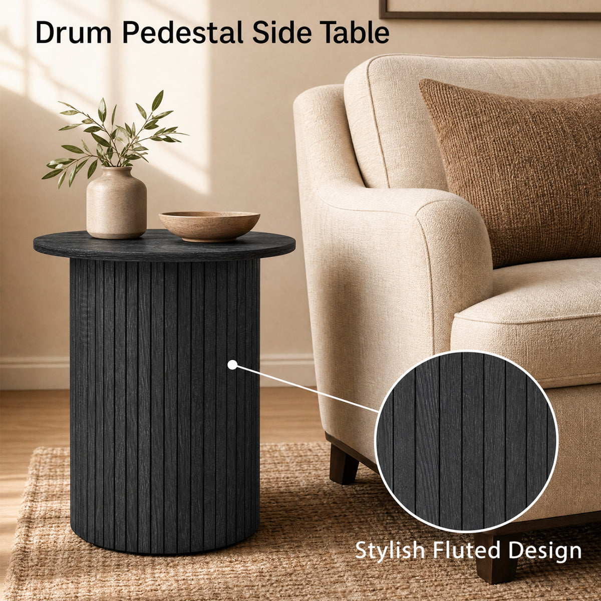 18 inches Round Fluted Side Table with Pedestal Drum Design and Non-Slip Foot Pads for Small Spaces-Black view 8