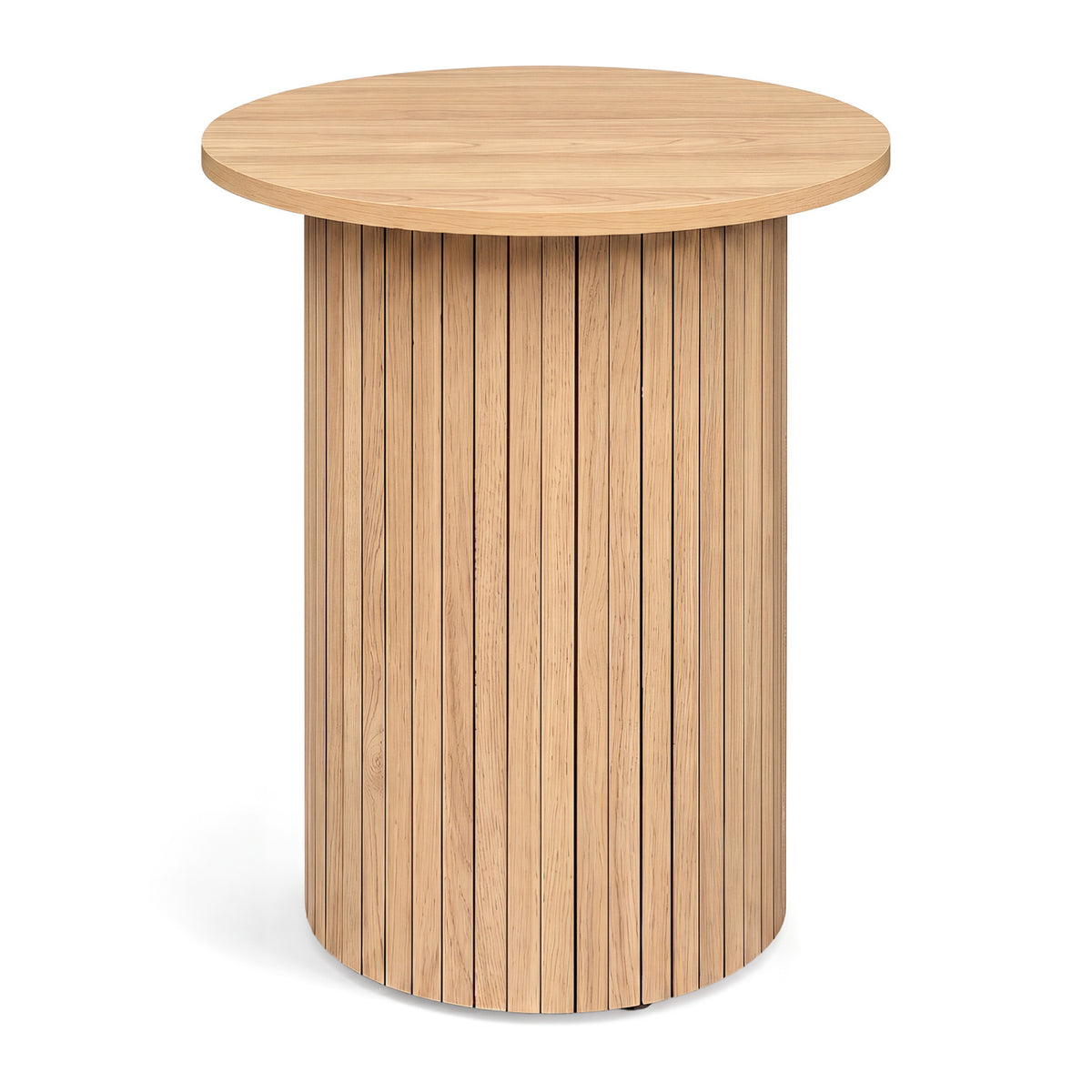 18 inches Round Fluted Side Table with Pedestal Drum Design and Non-Slip Foot Pads for Small Spaces-Natrual