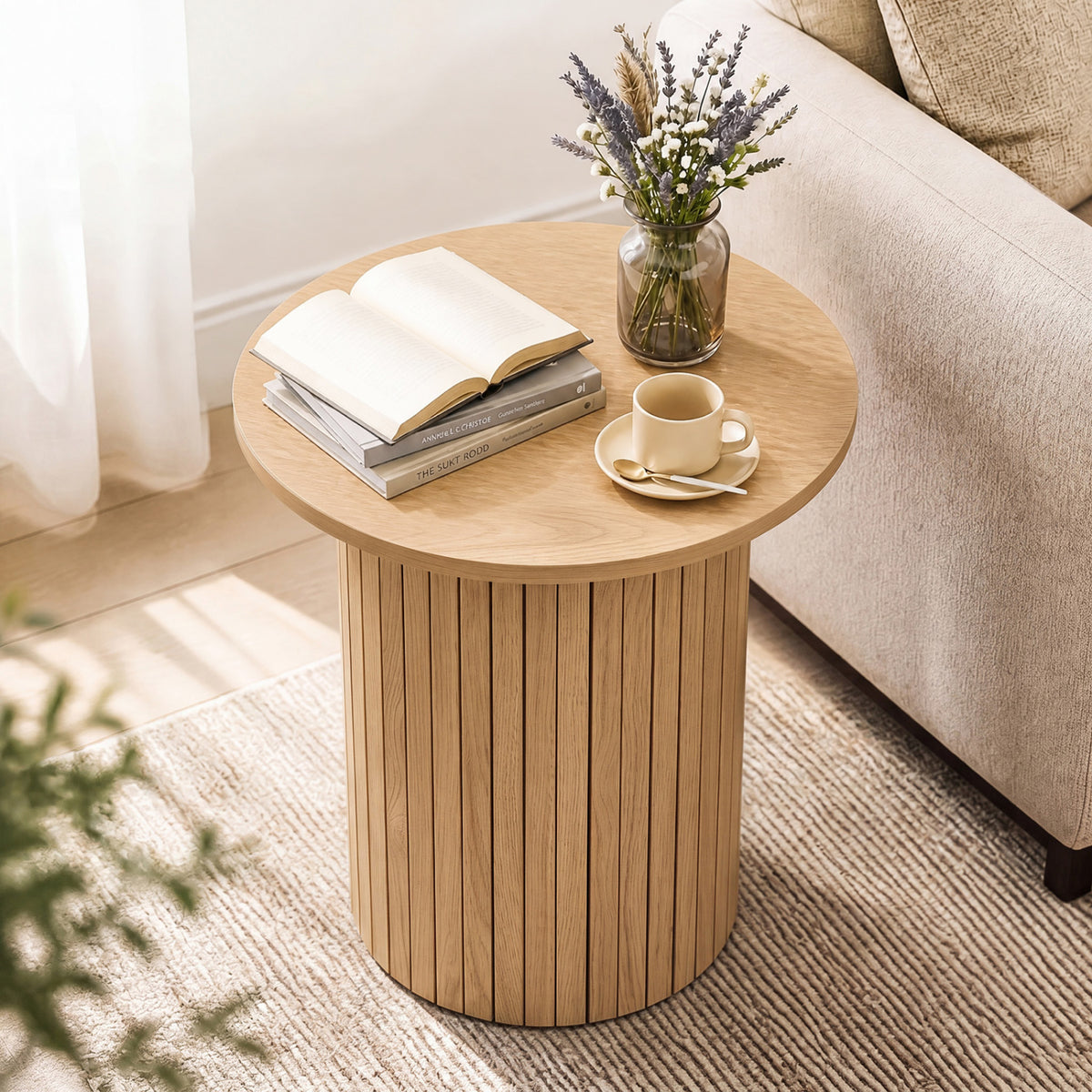 18 inches Round Fluted Side Table with Pedestal Drum Design and Non-Slip Foot Pads for Small Spaces-Natrual view 2