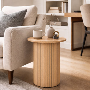 18 inches Round Fluted Side Table with Pedestal Drum Design and Non-Slip Foot Pads for Small Spaces-Natrual view 3