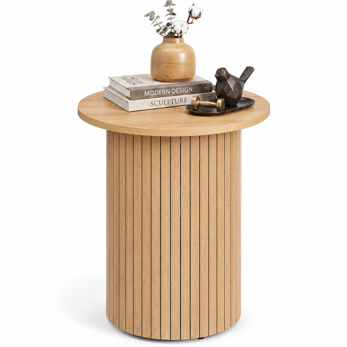 18 inches Round Fluted Side Table with Pedestal Drum Design and Non-Slip Foot Pads for Small Spaces-Natrual view 4