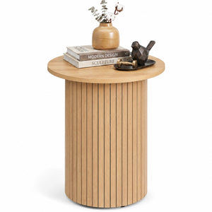 18 inches Round Fluted Side Table with Pedestal Drum Design and Non-Slip Foot Pads for Small Spaces-Natrual view 4