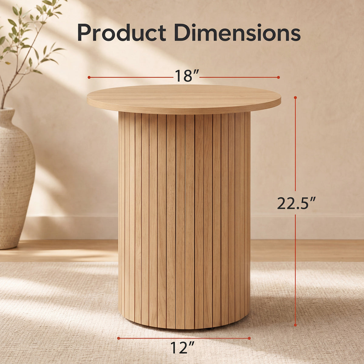 18 inches Round Fluted Side Table with Pedestal Drum Design and Non-Slip Foot Pads for Small Spaces-Natrual view 5