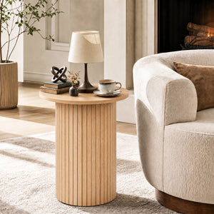 18 inches Round Fluted Side Table with Pedestal Drum Design and Non-Slip Foot Pads for Small Spaces-Natrual view 6