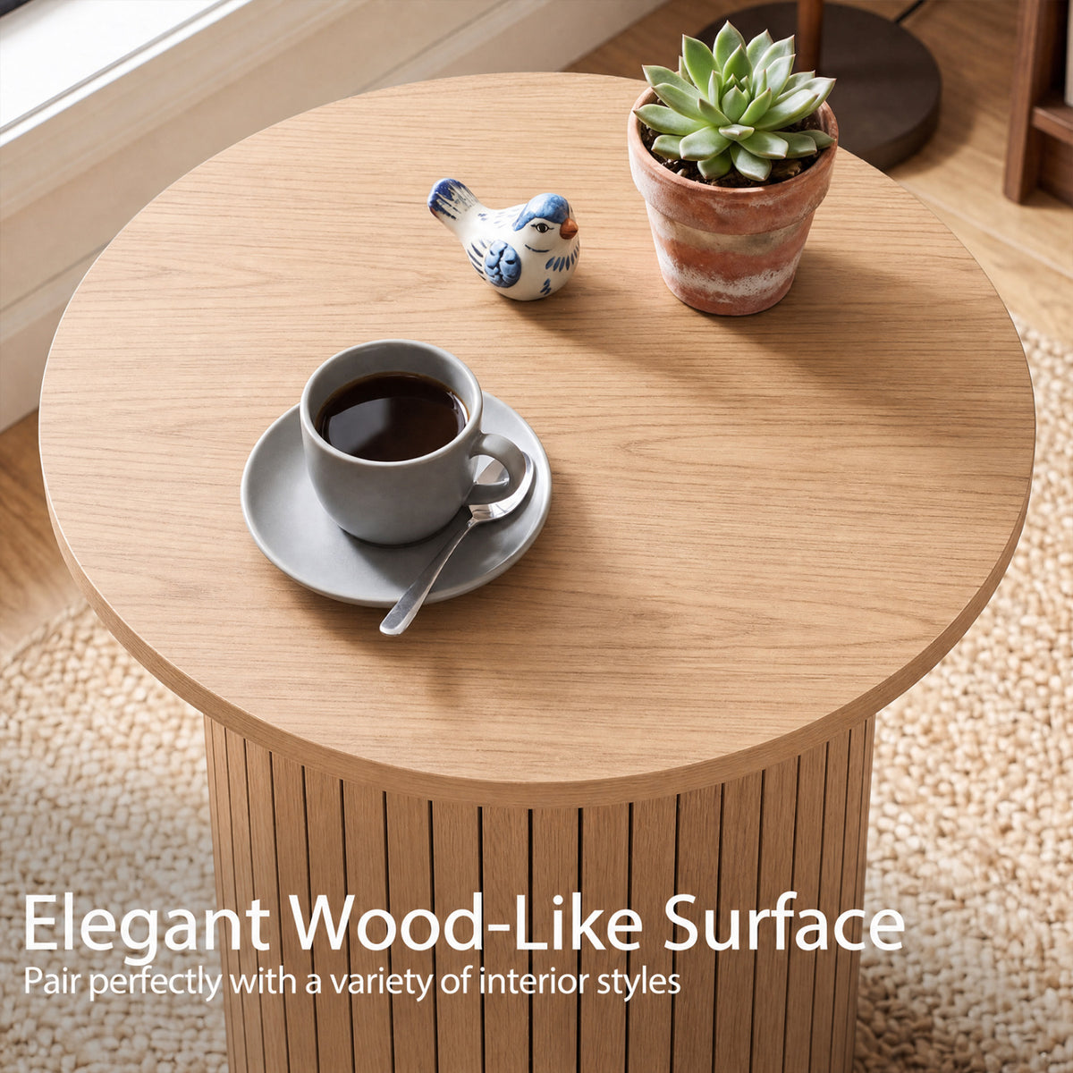 18 inches Round Fluted Side Table with Pedestal Drum Design and Non-Slip Foot Pads for Small Spaces-Natrual view 7