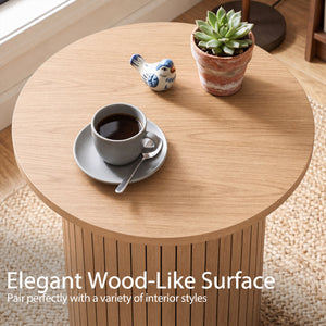 18 inches Round Fluted Side Table with Pedestal Drum Design and Non-Slip Foot Pads for Small Spaces-Natrual view 7