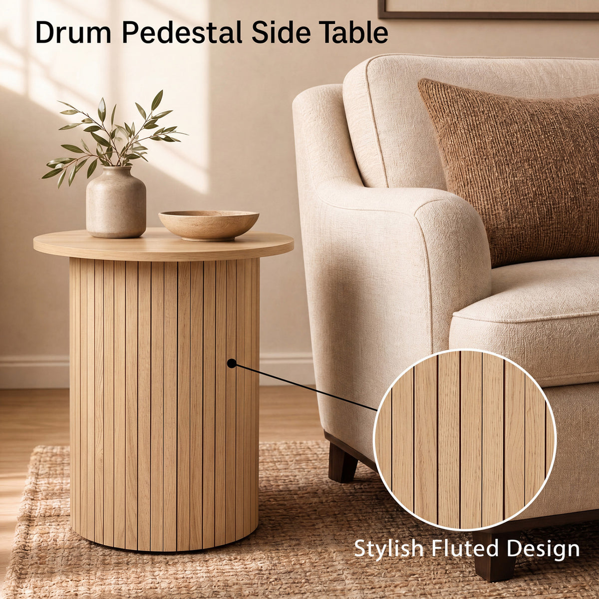 18 inches Round Fluted Side Table with Pedestal Drum Design and Non-Slip Foot Pads for Small Spaces-Natrual view 8