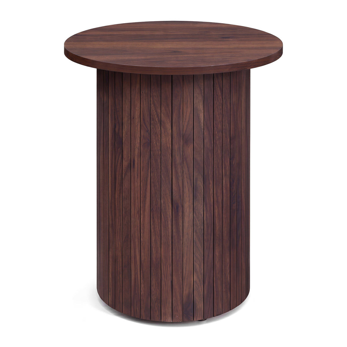 18 inches Round Fluted Side Table with Pedestal Drum Design and Non-Slip Foot Pads for Small Spaces-Walnut