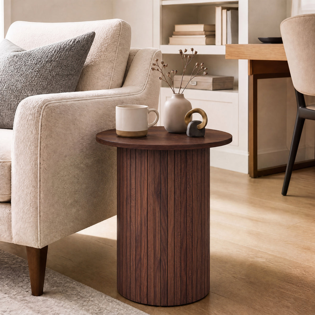 18 inches Round Fluted Side Table with Pedestal Drum Design and Non-Slip Foot Pads for Small Spaces-Walnut view 2