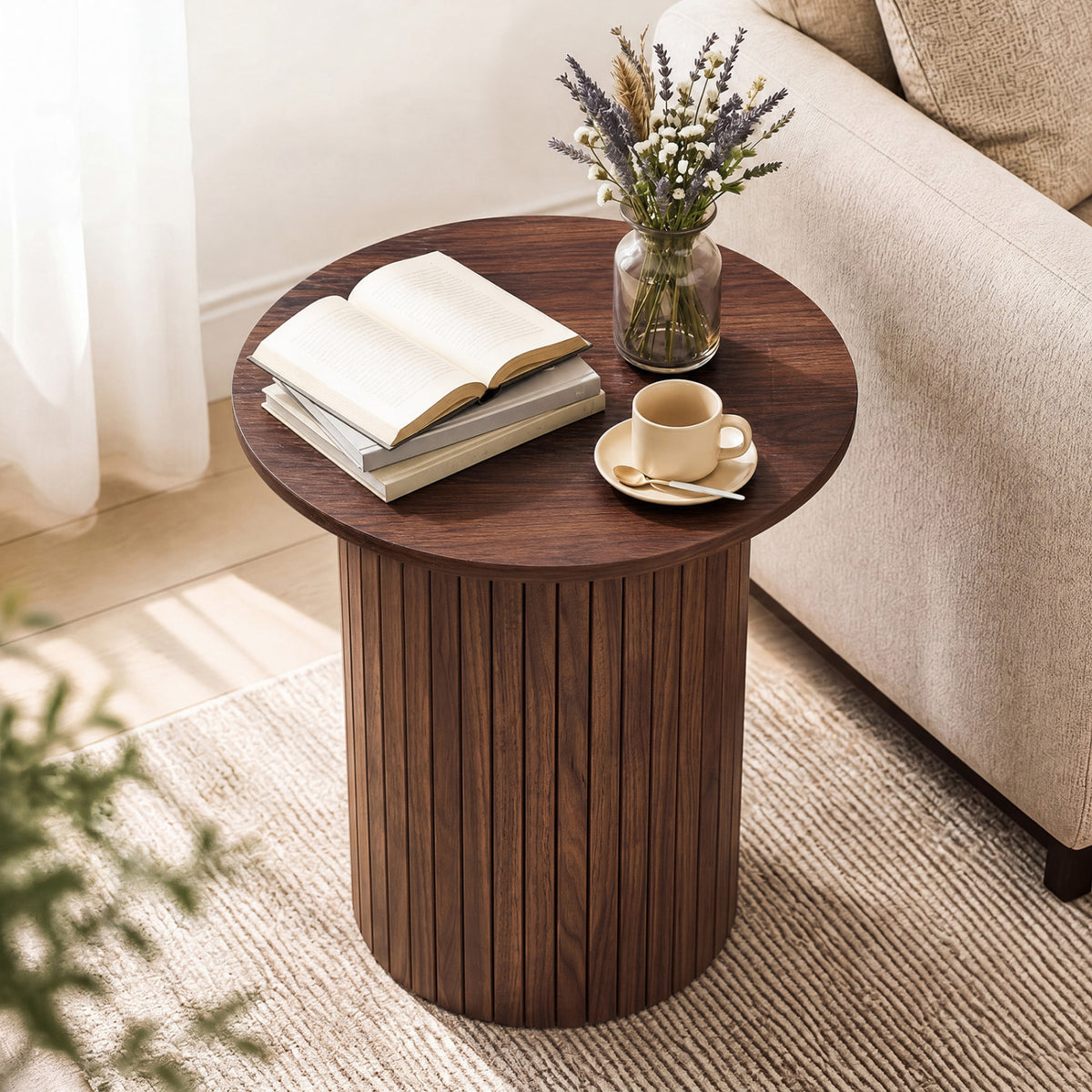 18 inches Round Fluted Side Table with Pedestal Drum Design and Non-Slip Foot Pads for Small Spaces-Walnut view 3