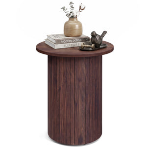 18 inches Round Fluted Side Table with Pedestal Drum Design and Non-Slip Foot Pads for Small Spaces-Walnut view 4