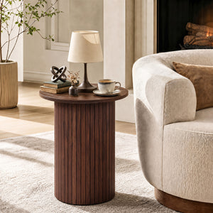 18 inches Round Fluted Side Table with Pedestal Drum Design and Non-Slip Foot Pads for Small Spaces-Walnut view 6