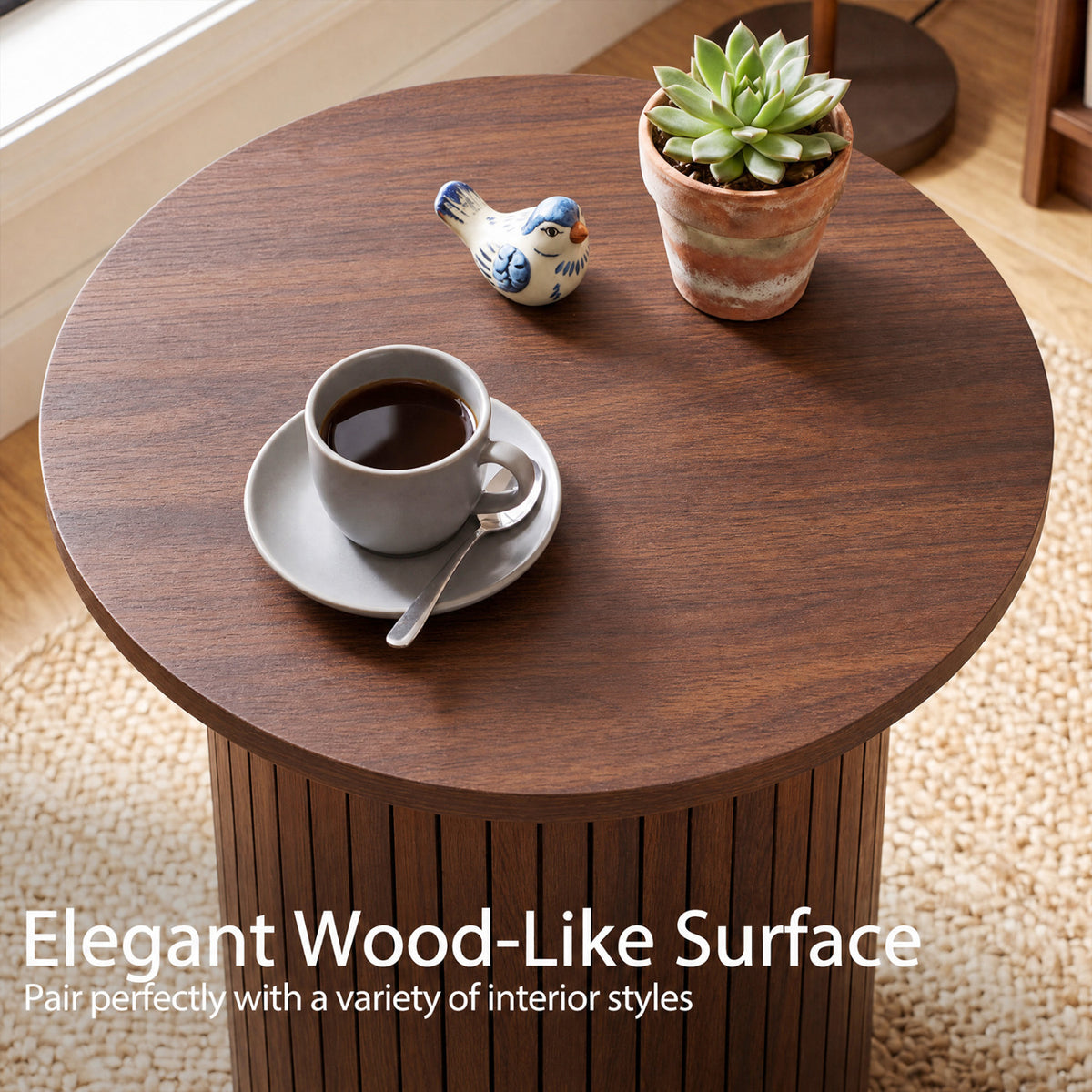 18 inches Round Fluted Side Table with Pedestal Drum Design and Non-Slip Foot Pads for Small Spaces-Walnut view 7
