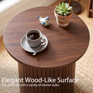 18 inches Round Fluted Side Table with Pedestal Drum Design and Non-Slip Foot Pads for Small Spaces-Walnut view 7