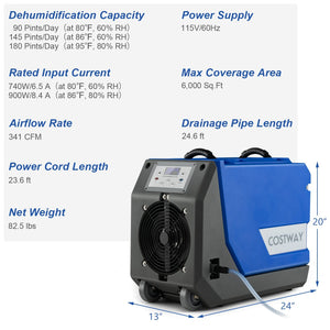 180 PPD Commercial Dehumidifier with Pump Drain Hose and Wheels-Blue view 4