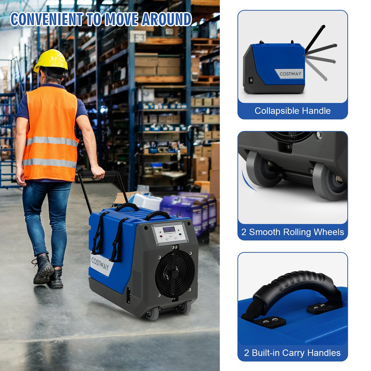 180 PPD Commercial Dehumidifier with Pump Drain Hose and Wheels-Blue view 7