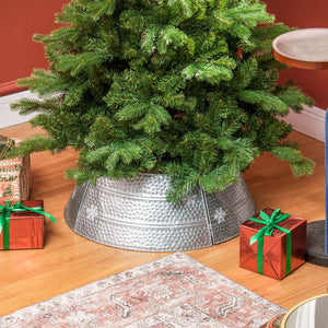 26" Christmas Tree Base Cover, Christmas Tree Collar with Hollow Snowflake Pattern for Holiday, Party, Silver