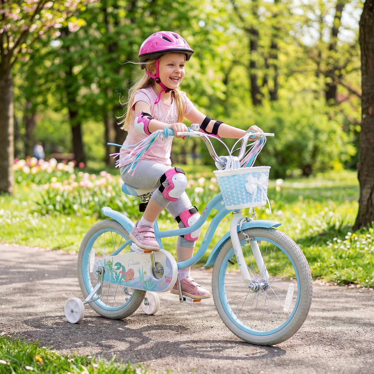 18 Inch Kids Bike Adjustable with Basket and Streamers Blue for Kids Aged 4-8 Years Old - Princess of the Sea Theme view 2