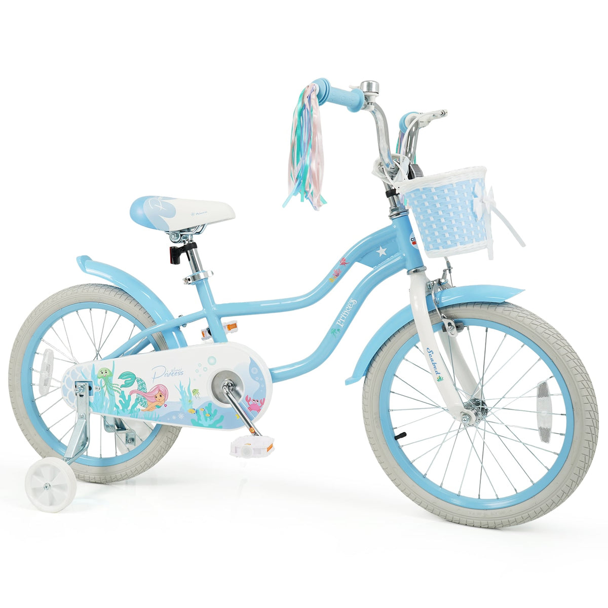 18 Inch Kids Bike Adjustable with Basket and Streamers Blue for Kids Aged 4-8 Years Old - Princess of the Sea Theme