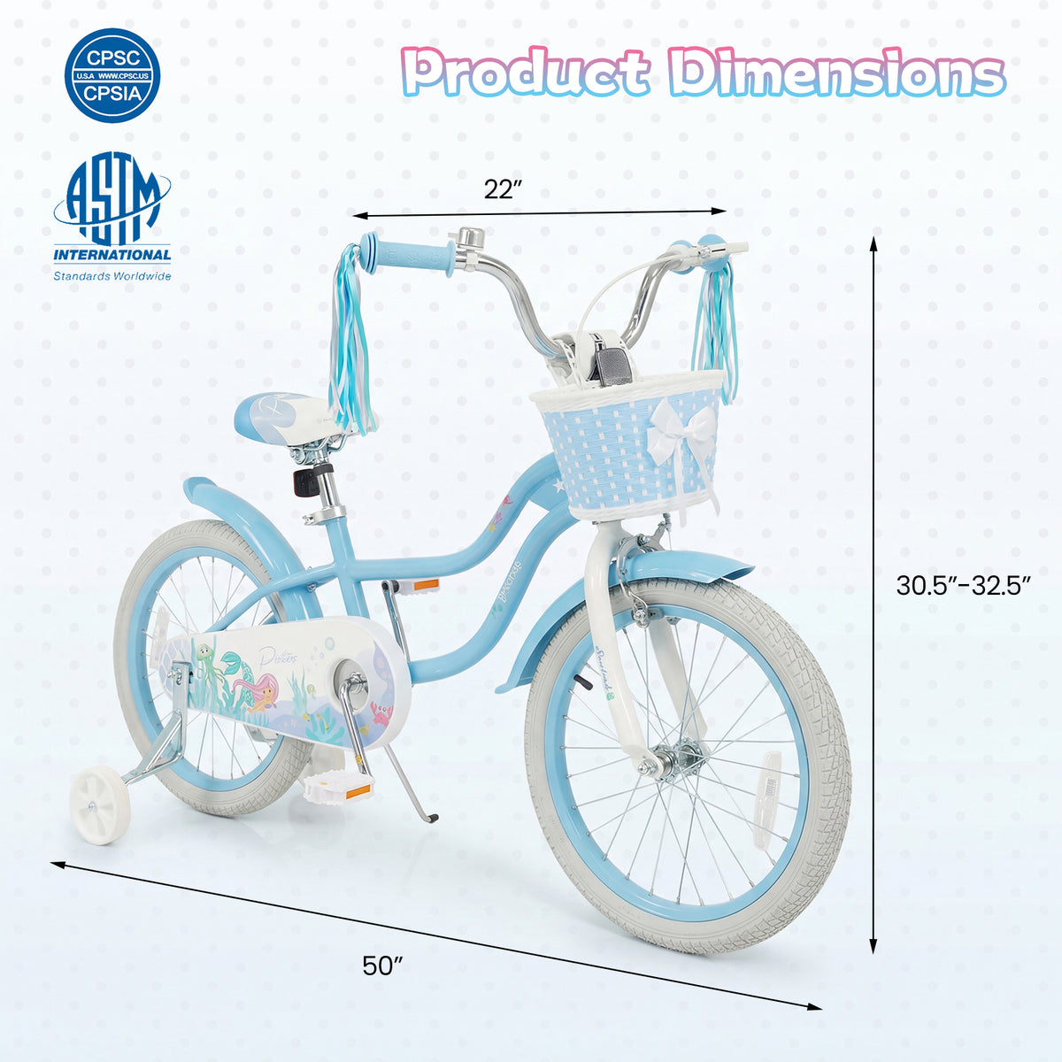 18 Inch Kids Bike Adjustable with Basket and Streamers Blue for Kids Aged 4-8 Years Old - Princess of the Sea Theme view 4