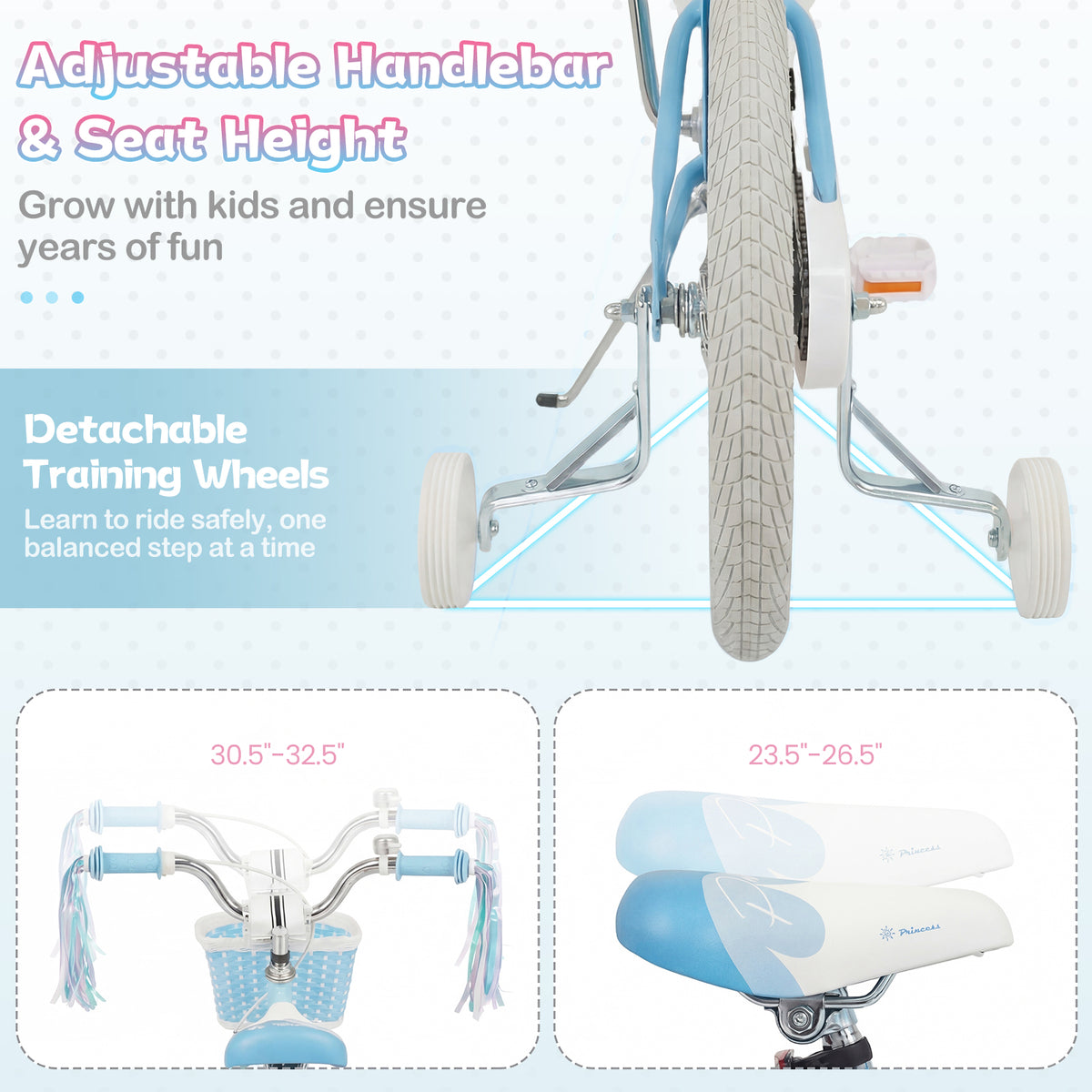 18 Inch Kids Bike Adjustable with Basket and Streamers Blue for Kids Aged 4-8 Years Old - Princess of the Sea Theme view 8
