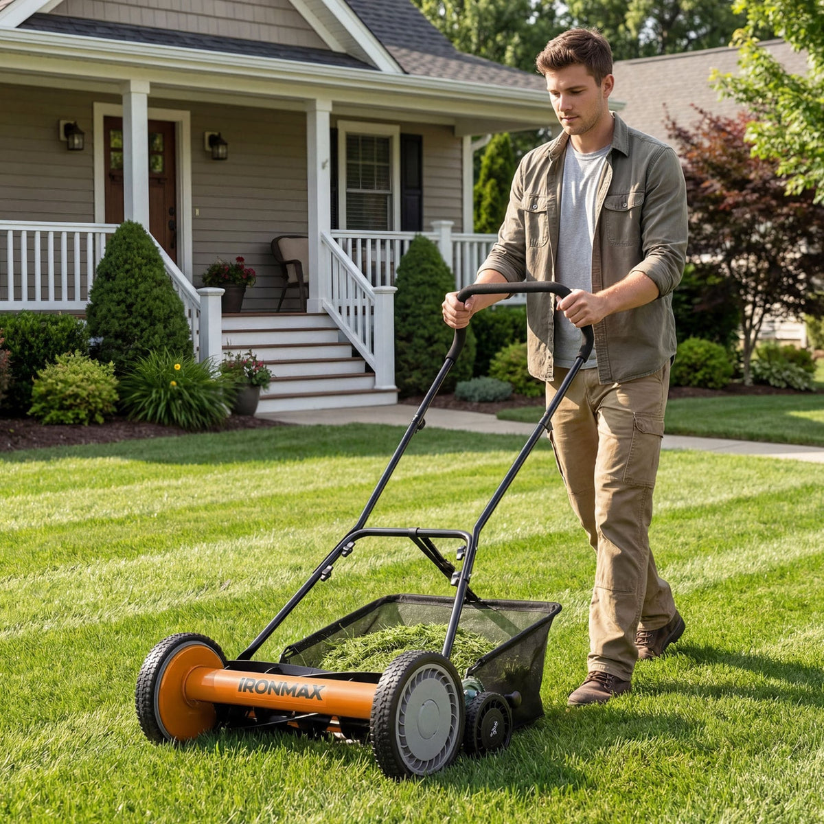 18 Inch Push Reel Lawn Mower 4-Position Adjustable with Removable Grass Catcher-Orange view 2