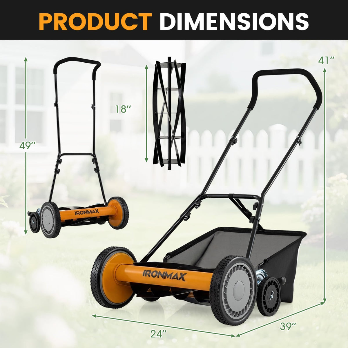 18 Inch Push Reel Lawn Mower 4-Position Adjustable with Removable Grass Catcher-Orange view 4