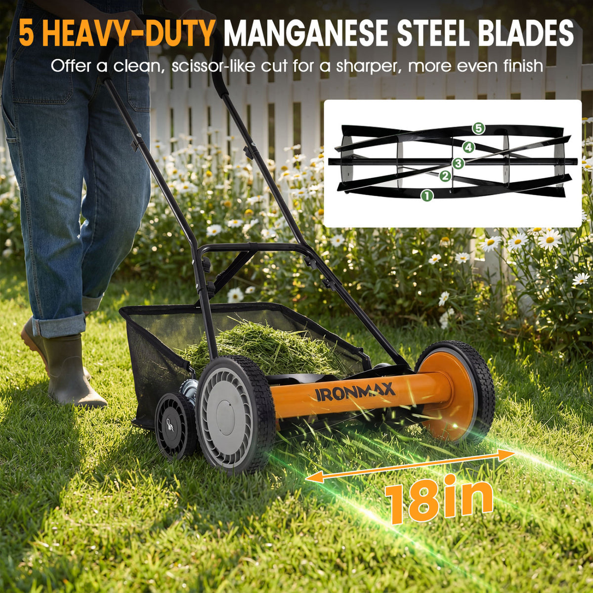 18 Inch Push Reel Lawn Mower 4-Position Adjustable with Removable Grass Catcher-Orange view 5