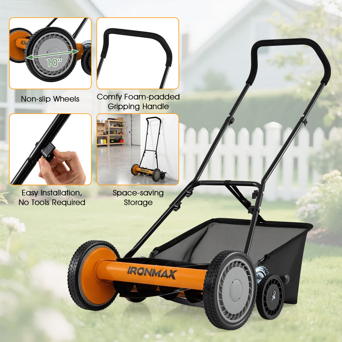 18 Inch Push Reel Lawn Mower 4-Position Adjustable with Removable Grass Catcher-Orange view 9