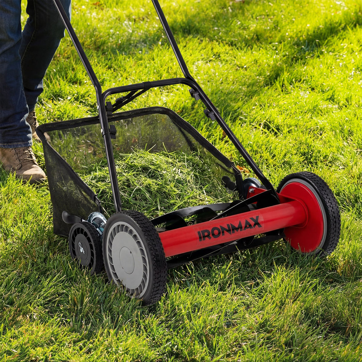 18 Inch Push Reel Lawn Mower 4-Position Adjustable with Removable Grass Catcher-Red view 3