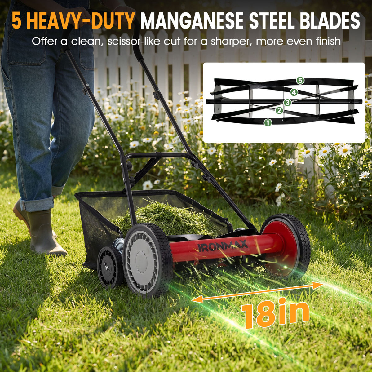 18 Inch Push Reel Lawn Mower 4-Position Adjustable with Removable Grass Catcher-Red view 5