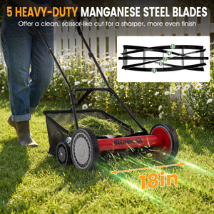 18 Inch Push Reel Lawn Mower 4-Position Adjustable with Removable Grass Catcher-Red view 5