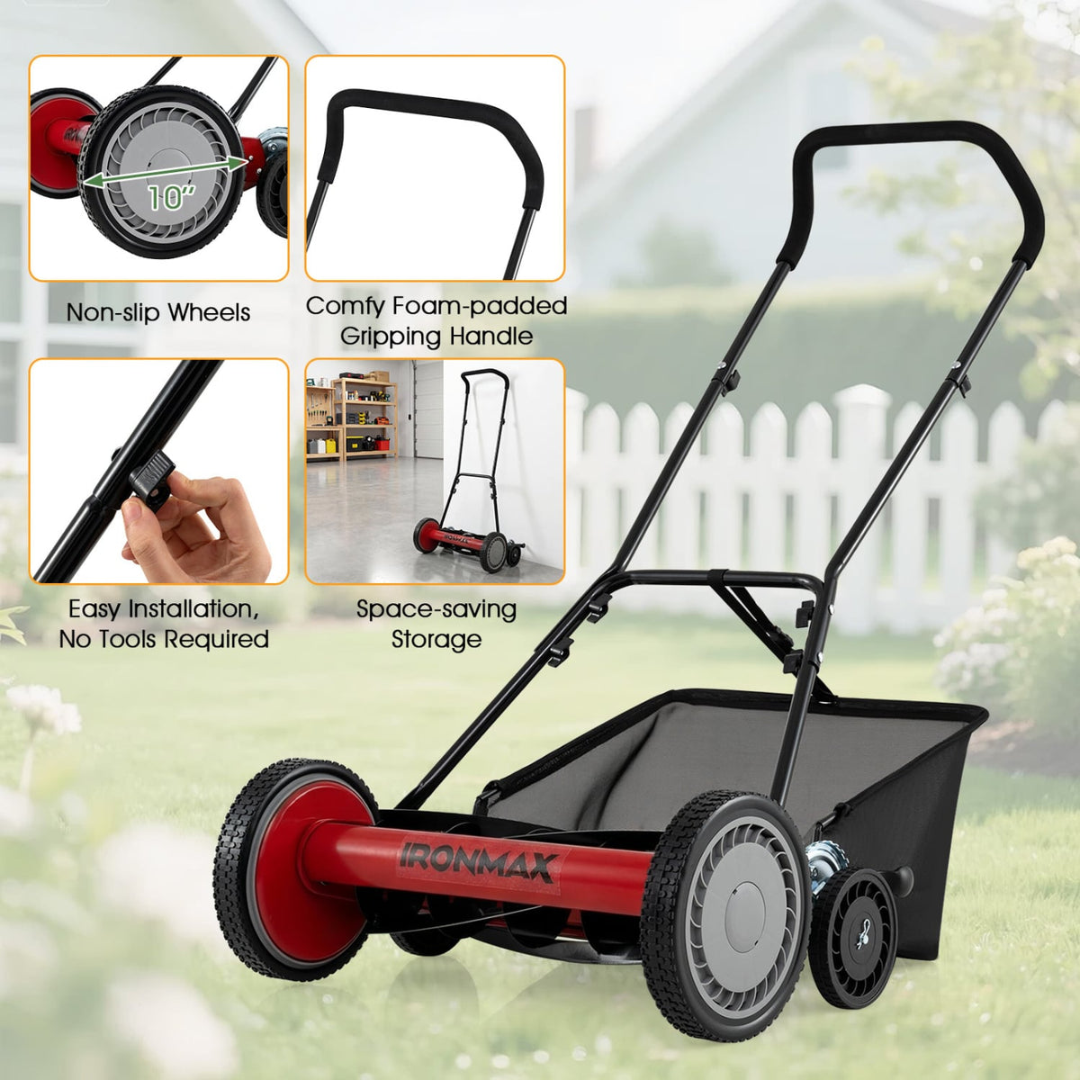 18 Inch Push Reel Lawn Mower 4-Position Adjustable with Removable Grass Catcher-Red view 9