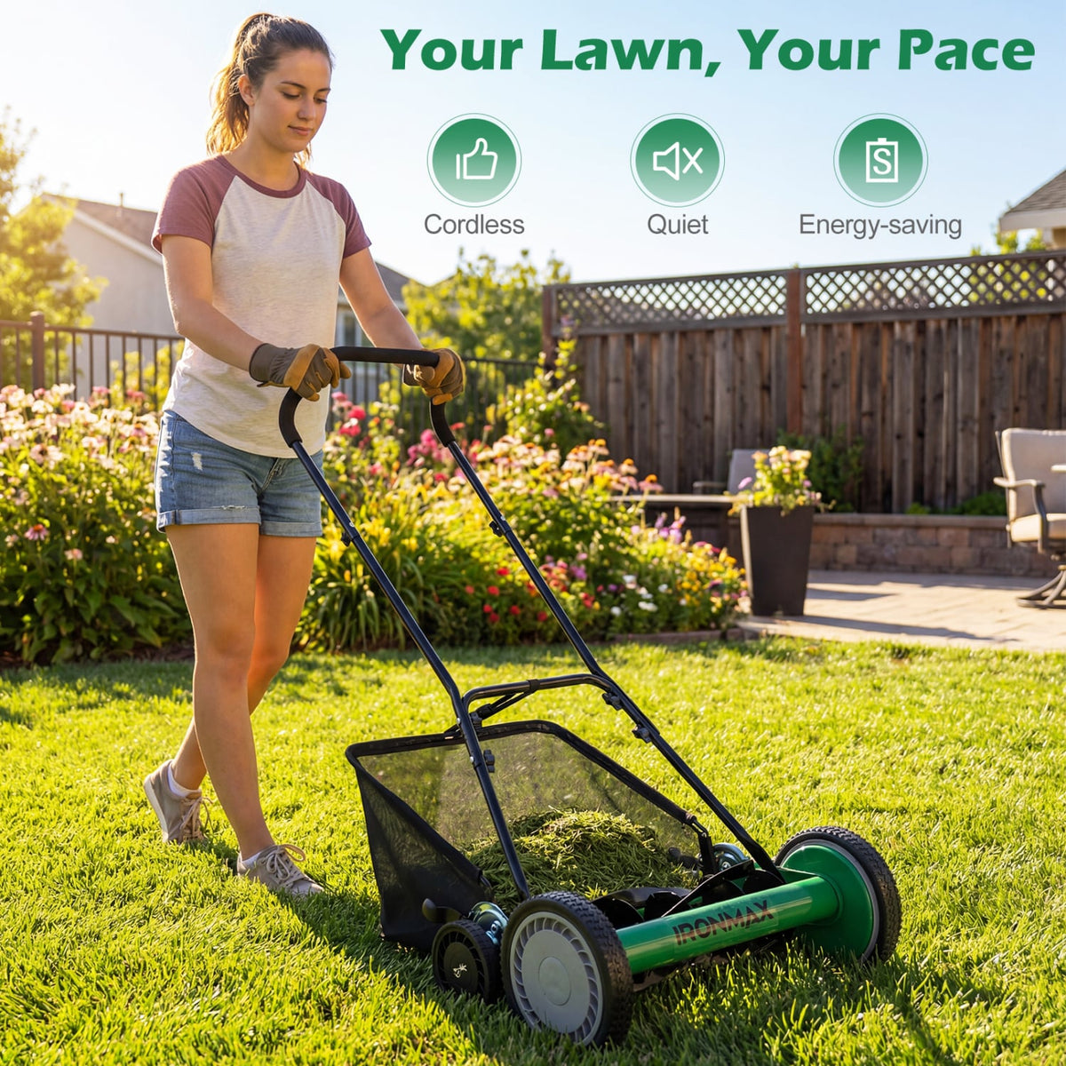 18 Inch Push Reel Lawn Mower 4-Position Adjustable with Removable Grass Catcher-Green view 5