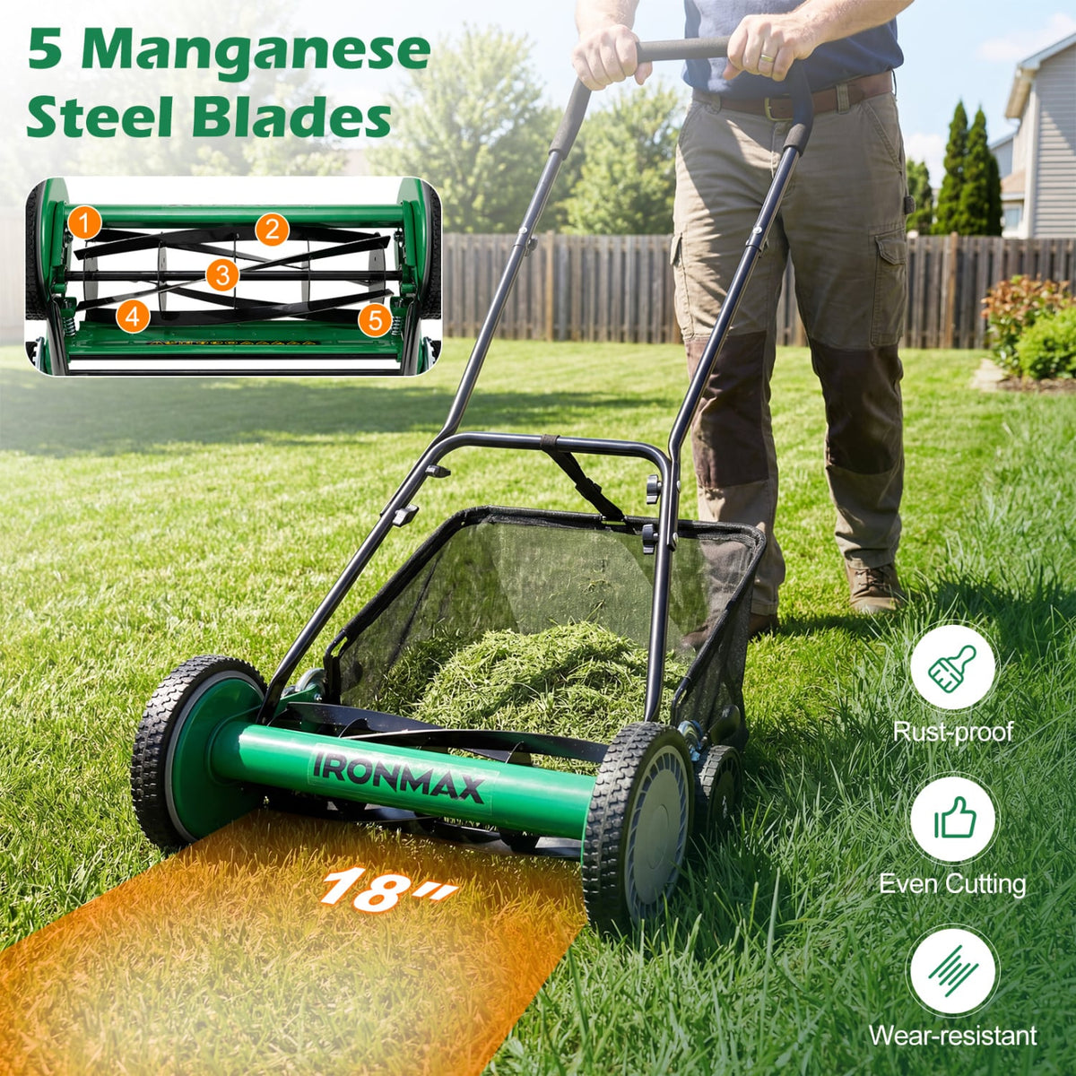 18 Inch Push Reel Lawn Mower 4-Position Adjustable with Removable Grass Catcher-Green view 7