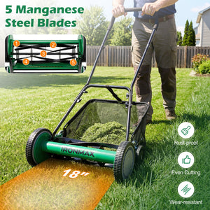 18 Inch Push Reel Lawn Mower 4-Position Adjustable with Removable Grass Catcher-Green view 7