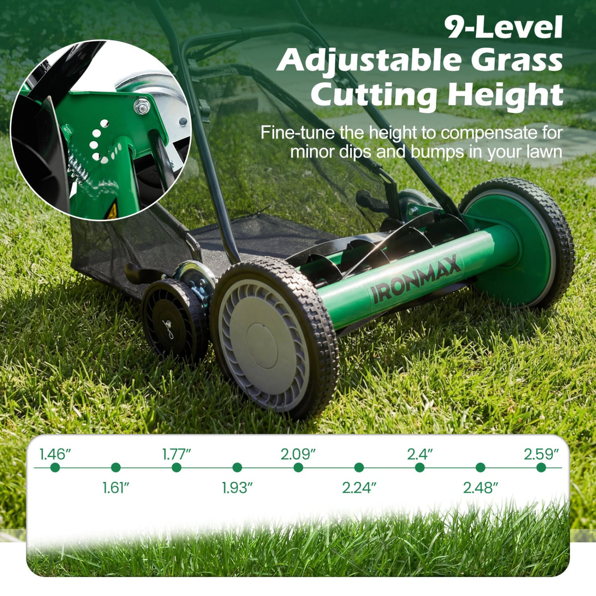 18 Inch Push Reel Lawn Mower 4-Position Adjustable with Removable Grass Catcher-Green view 8