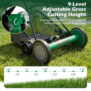 18 Inch Push Reel Lawn Mower 4-Position Adjustable with Removable Grass Catcher-Green view 8