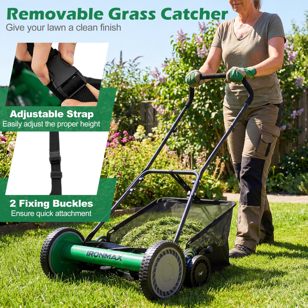 18 Inch Push Reel Lawn Mower 4-Position Adjustable with Removable Grass Catcher-Green view 9