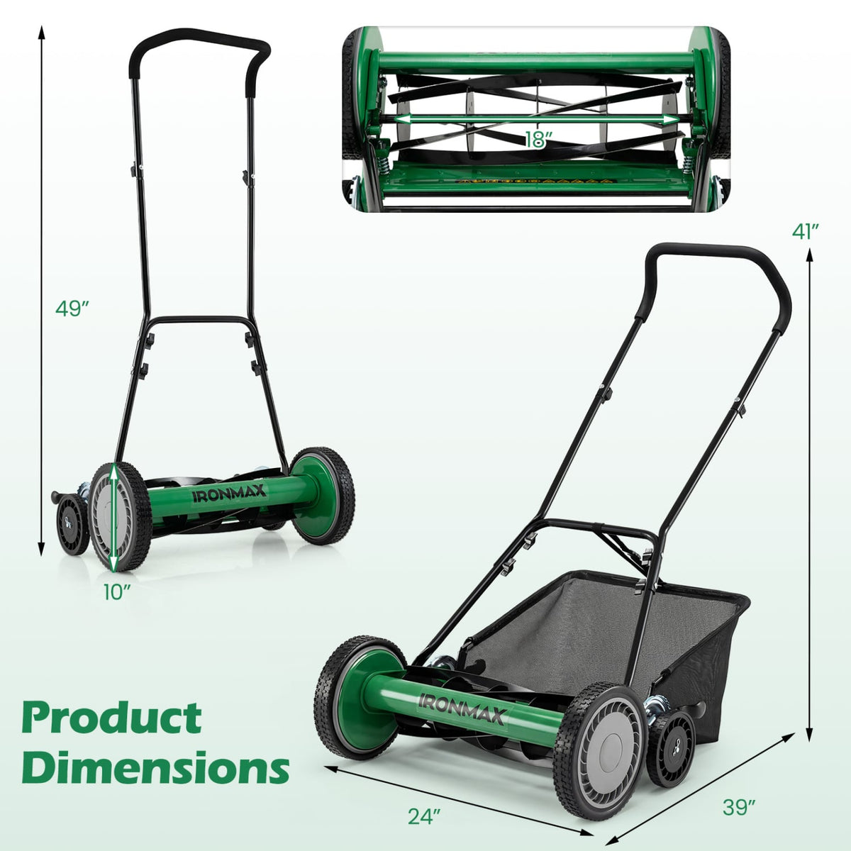 18 Inch Push Reel Lawn Mower 4-Position Adjustable with Removable Grass Catcher-Green view 4