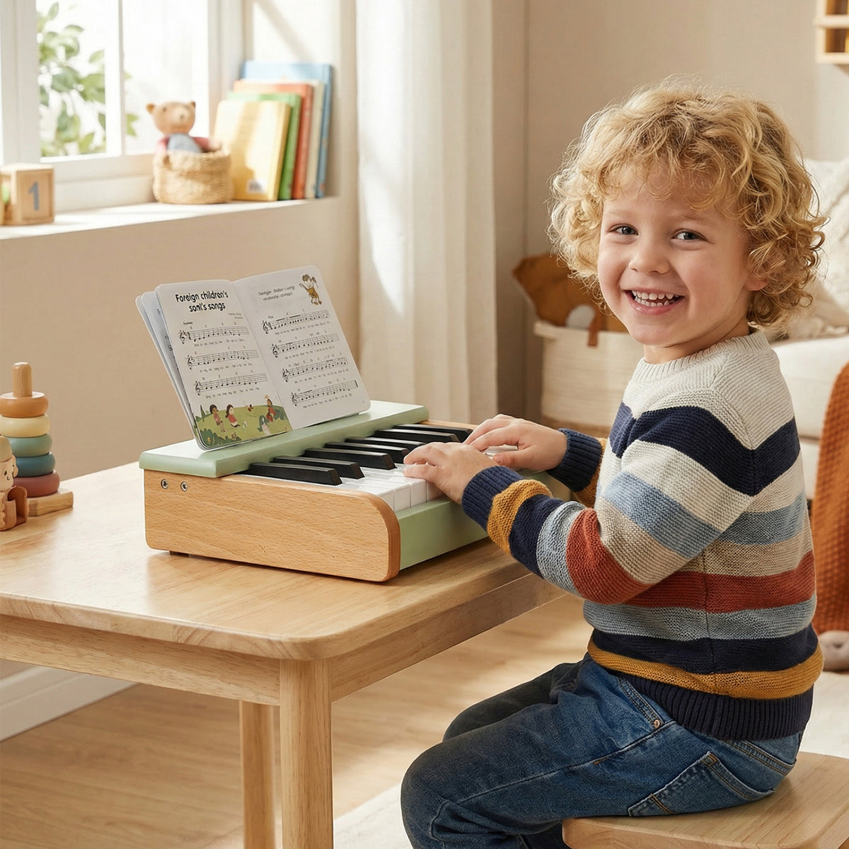 18 Keys Wooden Piano for Kids with Removable Music Stand-Green view 2