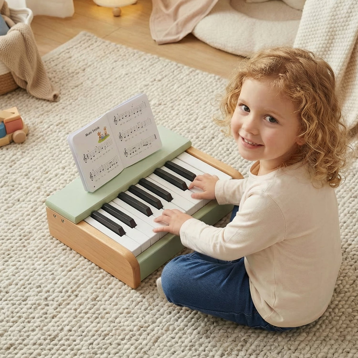 18 Keys Wooden Piano for Kids with Removable Music Stand-Green view 3