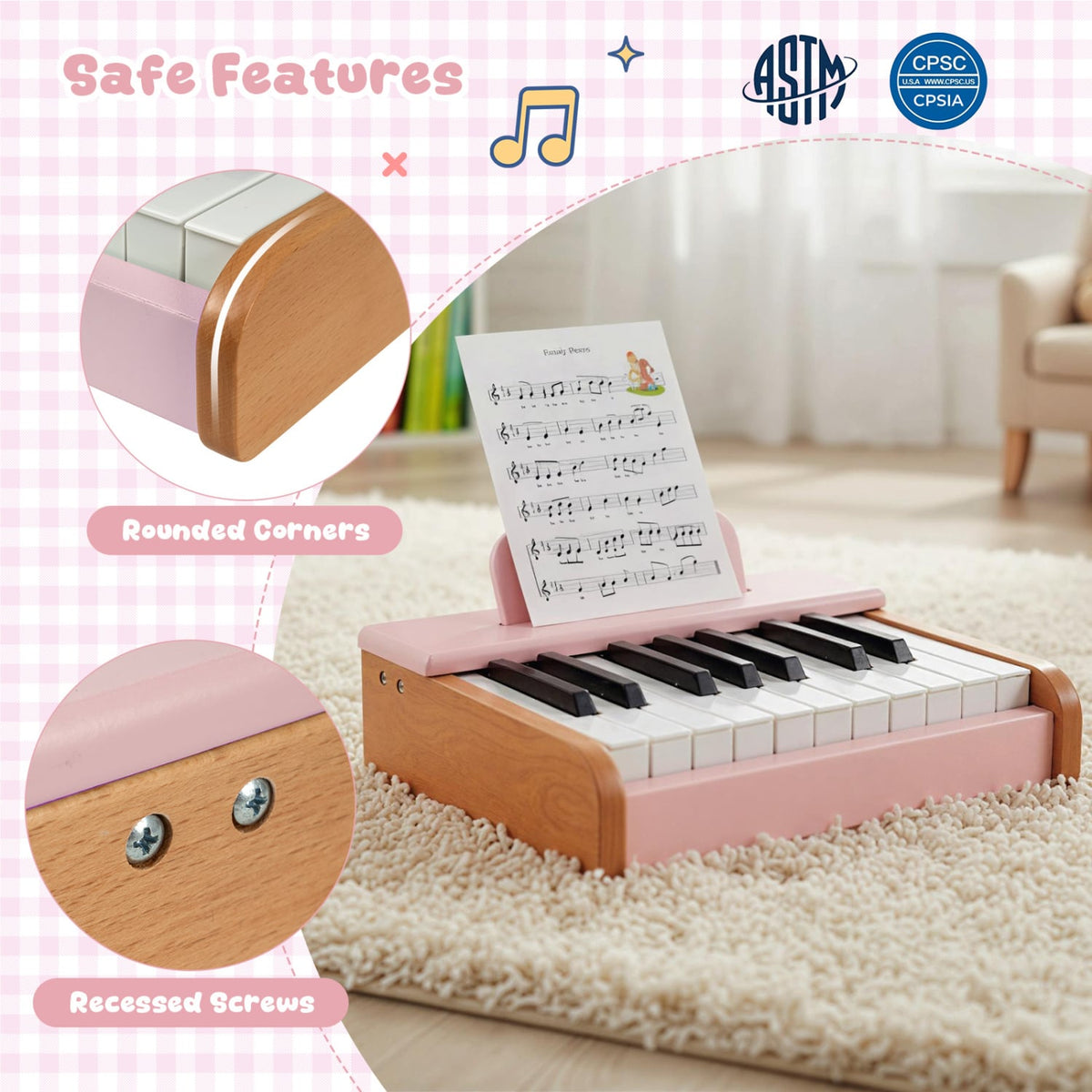 18 Keys Wooden Piano for Kids with Removable Music Stand-Pink view 8