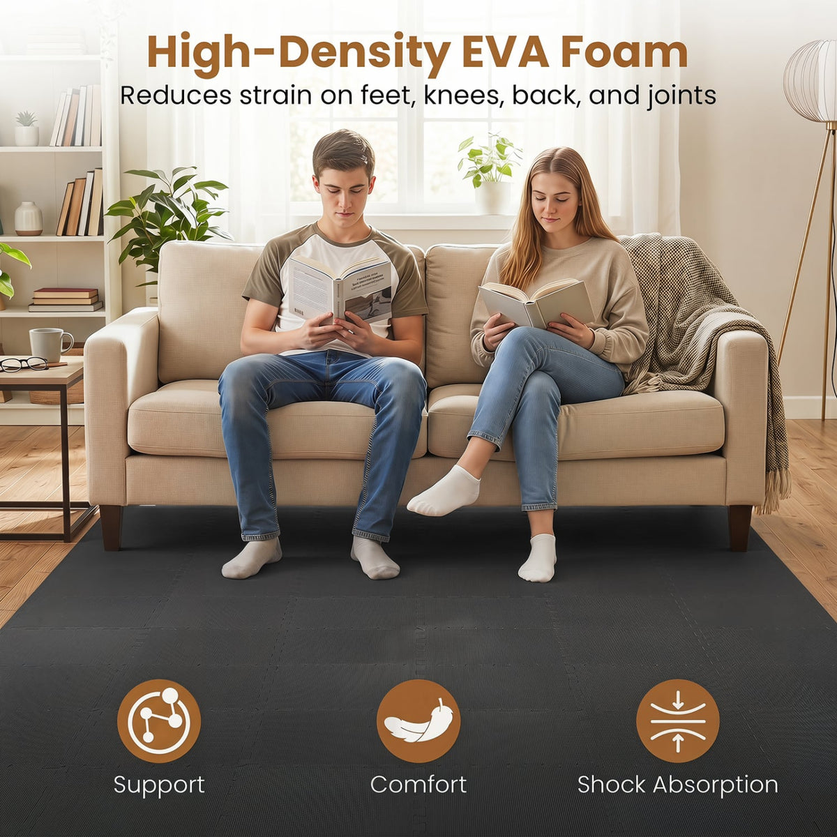 18 Pack Interlocking EVA Foam Floor Tiles with Boarders-Black view 5