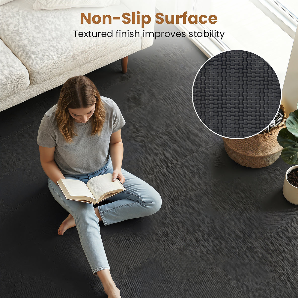 18 Pack Interlocking EVA Foam Floor Tiles with Boarders-Black view 7