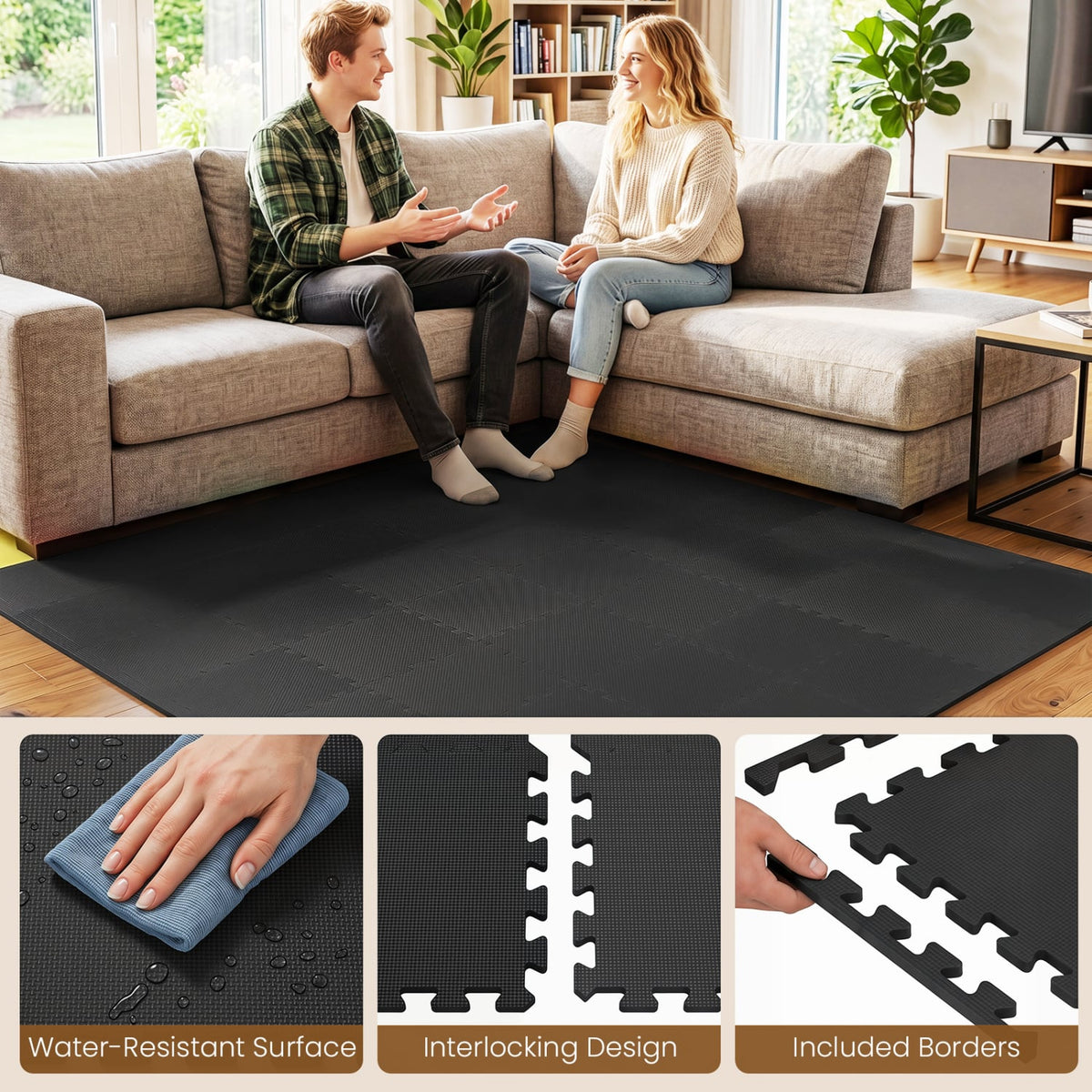18 Pack Interlocking EVA Foam Floor Tiles with Boarders-Black view 3