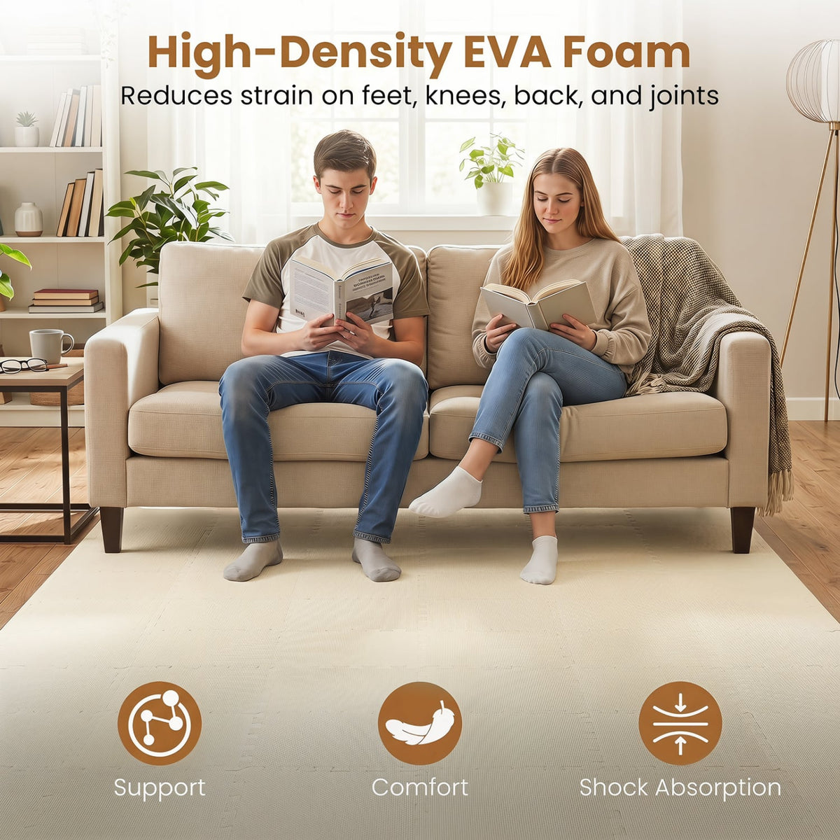 18 Pack Interlocking EVA Foam Floor Tiles with Boarders-Beige view 5