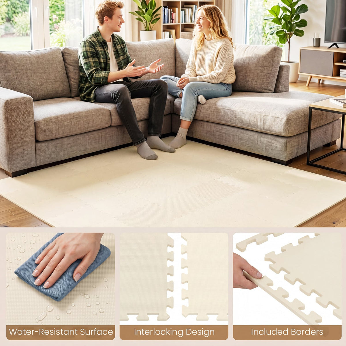 18 Pack Interlocking EVA Foam Floor Tiles with Boarders-Beige view 7