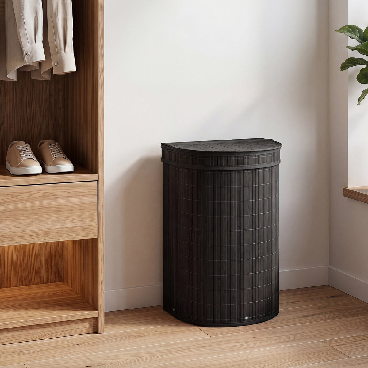 19 Gal Capacity Bamboo Laundry Hamper with Zippered Lid-Black view 3