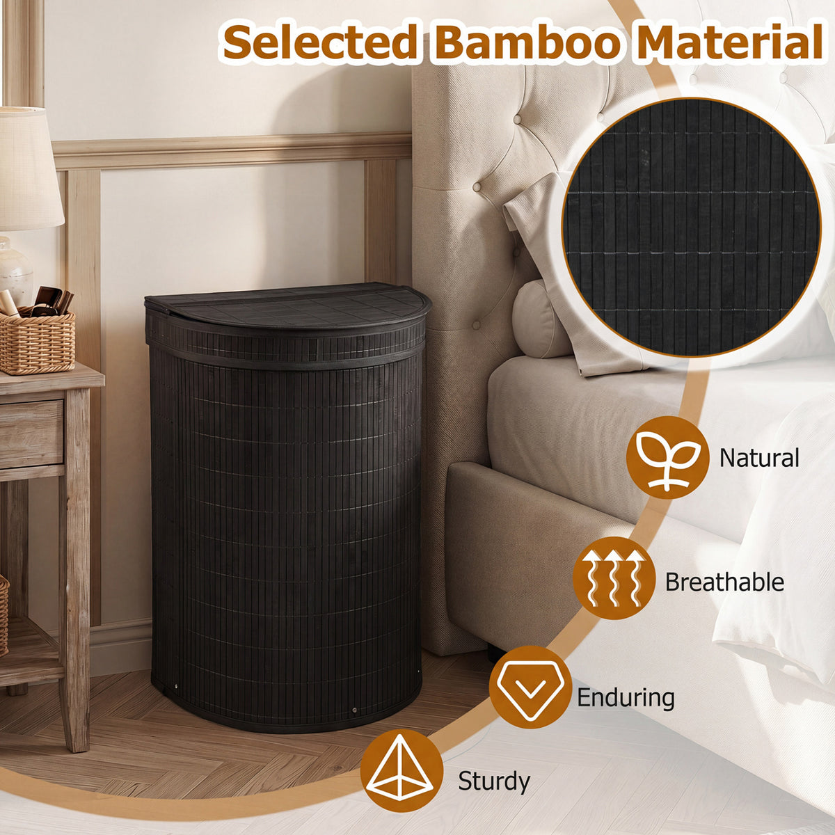 19 Gal Capacity Bamboo Laundry Hamper with Zippered Lid-Black view 6